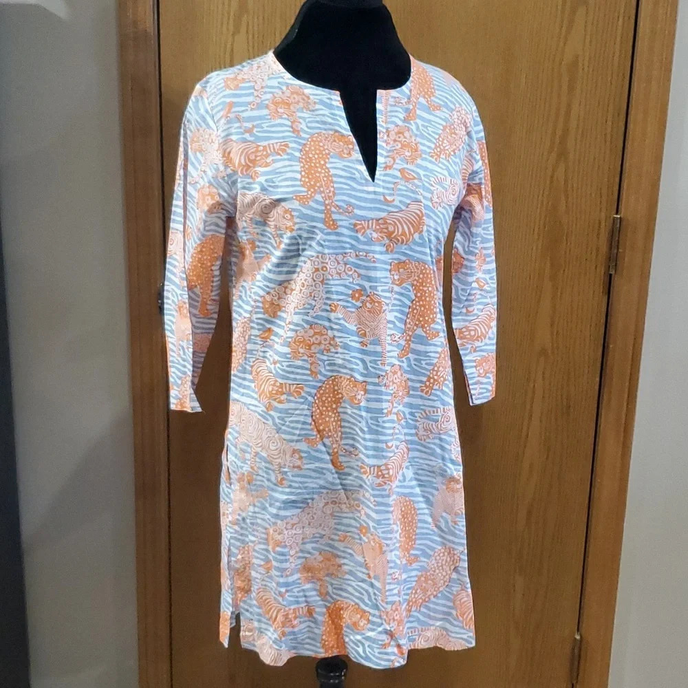 Gretchen Scott blue orange tiger leopard big cat pattern tunic top
